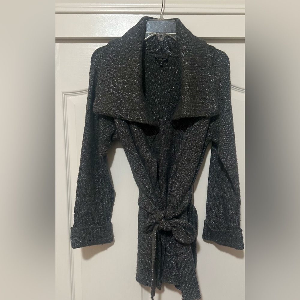 Women’s Talbots Gray Silver Metallic Open Front Cardigan Collared Sweater Tie M